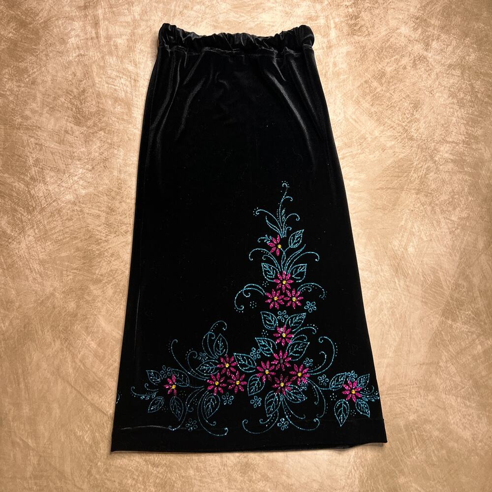 Vintage 90s Black Velour Floral Glitter Maxi Skirt Rhinestone Whimsigoth Fairy - Picture 2 of 7